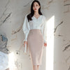 H Han Queen Women Spring Work 2 Pieces Set White Shirt Blouses & Slim Mid Sheath Pencil Bodycon Skirt Korean Skirt Suit