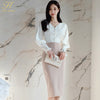 H Han Queen Women Spring Work 2 Pieces Set White Shirt Blouses & Slim Mid Sheath Pencil Bodycon Skirt Korean Skirt Suit