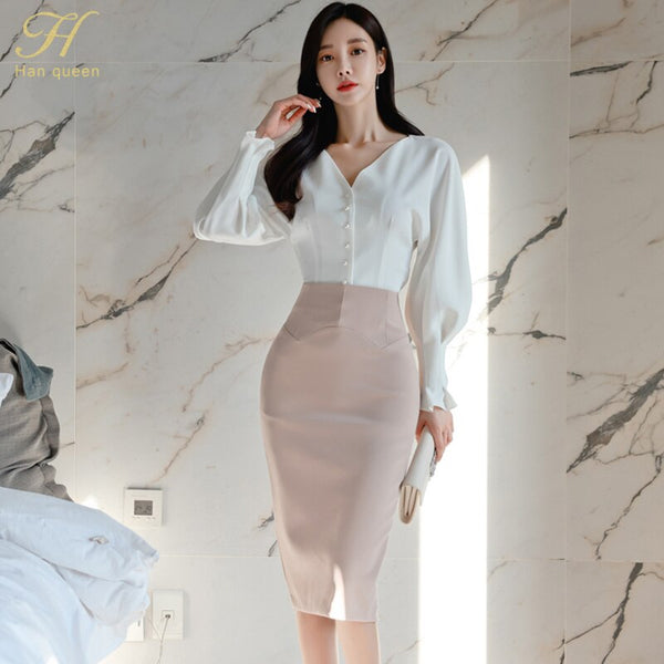 H Han Queen Women Spring Work 2 Pieces Set White Shirt Blouses & Slim Mid Sheath Pencil Bodycon Skirt Korean Skirt Suit
