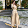 H Han Queen Women Summer Korean Work Wear 2 Pieces Set Khaki Blouses & High Waist A-line Long Skirt Office Ladies Skirt Suit