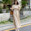 H Han Queen Women Summer Korean Work Wear 2 Pieces Set Khaki Blouses & High Waist A-line Long Skirt Office Ladies Skirt Suit