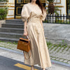 H Han Queen Women Summer Korean Work Wear 2 Pieces Set Khaki Blouses & High Waist A-line Long Skirt Office Ladies Skirt Suit