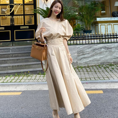 H Han Queen Women Summer Korean Work Wear 2 Pieces Set Khaki Blouses & High Waist A-line Long Skirt Office Ladies Skirt Suit
