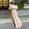H Han Queen Women Summer Korean Work Wear 2 Pieces Set Khaki Blouses & High Waist A-line Long Skirt Office Ladies Skirt Suit
