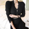 H Han Queen Women Winter OL Work 2 Pieces Suit Knitted top & Stitching Lace Long Skirt Simple Slim Casual Occupation Sweater Set
