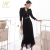 H Han Queen Women Winter OL Work 2 Pieces Suit Knitted top & Stitching Lace Long Skirt Simple Slim Casual Occupation Sweater Set