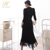 H Han Queen Women Winter OL Work 2 Pieces Suit Knitted top & Stitching Lace Long Skirt Simple Slim Casual Occupation Sweater Set