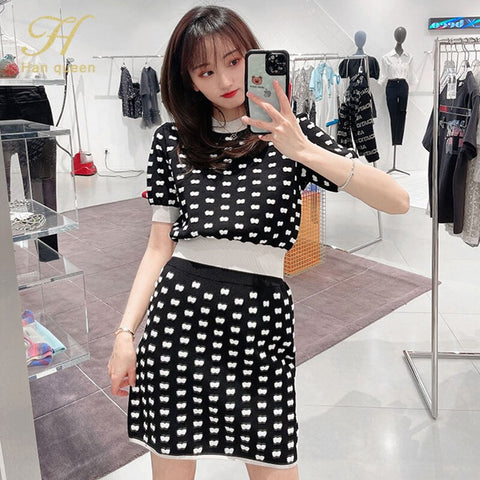 H Han Queen Women's 2022 Summer Vintage Set Contrast Bow Pullover Sweater And Sheath Pencil Bodycon Skirts Korean Suit Skirt