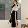 H Han Queen Women's Spring Work Wear 2 Pieces Set White Blouses & High Waist Split Sheath Pencil Bodycon Skirt Korean Chic Suit