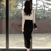 H Han Queen Women's Spring Work Wear 2 Pieces Set White Blouses & High Waist Split Sheath Pencil Bodycon Skirt Korean Chic Suit