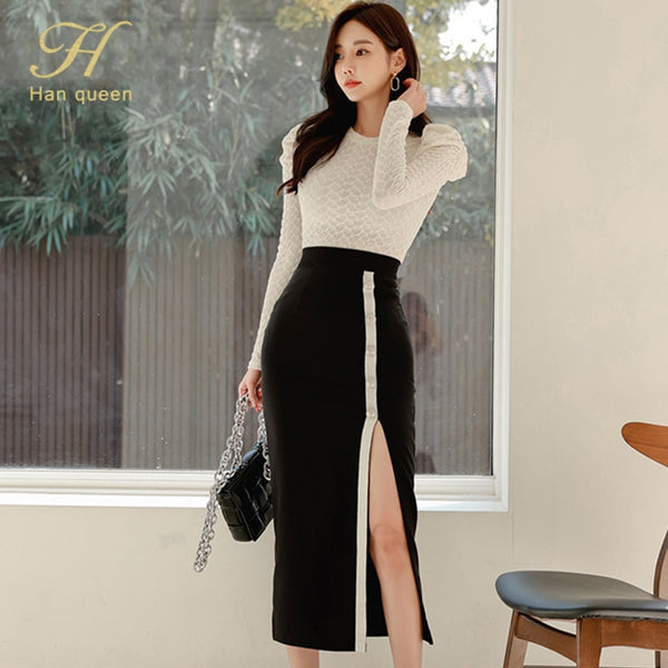 H Han Queen Women's Spring Work Wear 2 Pieces Set White Blouses & High Waist Split Sheath Pencil Bodycon Skirt Korean Chic Suit