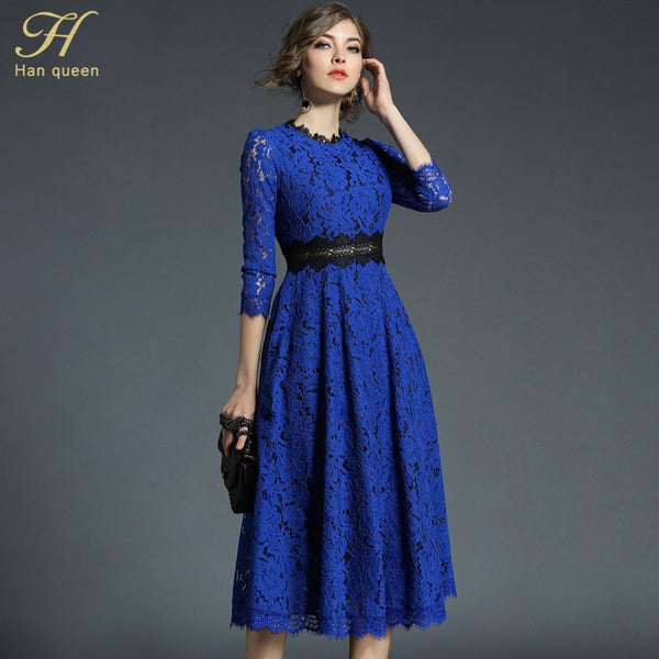 H han queen 2023 Spring Women's Lace Dresses Floral Crochet Hollow Out Vestido Patchwork Casual Slim Office Party Long Dress