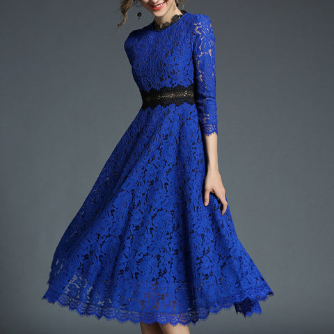 Spring New Women's Lace Dresses Floral Crochet Hollow Out Vestido Patchwork Casual Slim Office Party Long Dress