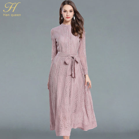 New Bow Maxi Lace Dress Slim Fashion O-neck Sexy Hollow Out Work Casual Dresses Women A-line Vintage Vestido