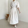 [EWQ] Women's Spring 2023 Stand Collar Waist Long Puff Sleeve Mid-calf Solid Color Dresses Female Tide 5E2959