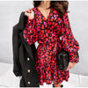 Spring Long Lantern Sleeve Print Wrap Dress Women Elegant Ruffles V Neck Red Party Dresses Autumn Female A Line Office Vestidos