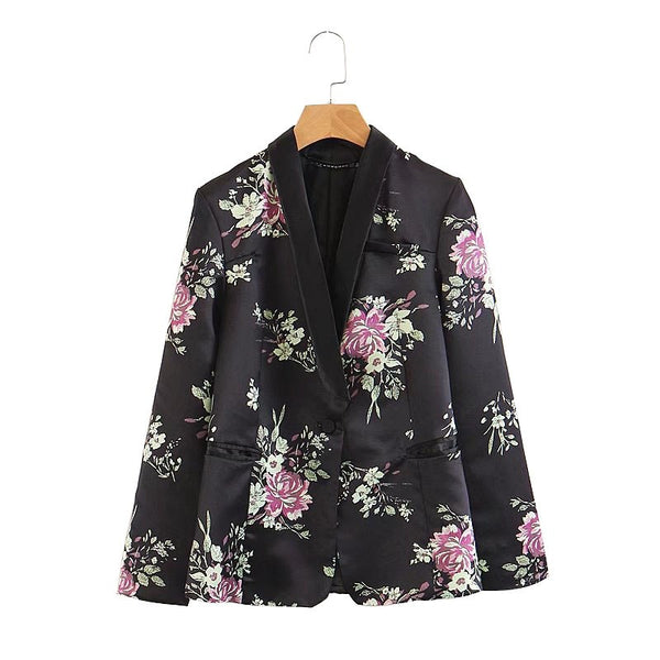 H2318 Euro fashion black color pink floral print blazer women soft touching co blazers outwear