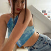 Womens Halter Crop Top Tie Dye Print Criss Cross Back Sleeveless Cami Tank Top Fit Club Casual Crop Tops  Streetwear Homewear