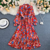 Retro Women Boho Dress 2023 Spring Autumn Long Sleeved Bow Pleated Dresses Ladies Elegant Floral Printed Long Robe Vestidos