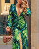 Tropical Print Plunging Neck Split Thigh Maxi Dress Women Sexy Long Dresses
