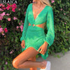 Sexy Dresses Party Night Club Dress 2023 Long Sleeve Deep V Neck Drawstring Backless Spring Autumn Sweater Green Dresses