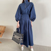 [EWQ] Women's Spring 2023 Stand Collar Waist Long Puff Sleeve Mid-calf Solid Color Dresses Female Tide 5E2959