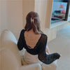 Sexy Backless Hollow Cross Pearl Knit Pullovers European Women 2023 Spring Fall Long Sleeve Sweater Clothing Sweet Girl