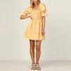 Chic Women Puff  Sleeve Square Collar Mini Dress Elegant Sweet Style Plaid Yellow Lady Party Dress Short Sleeve Femme Streetwear