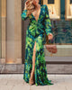 Tropical Print Plunging Neck Split Thigh Maxi Dress Women Sexy Long Dresses