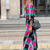 2023  Spring High Neck 3/4 Sleeves Vintage Print Long Dress Women Dresses Bohemian Pattern Vestidos Robe