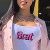 Womens Summer Sleeveless Crop Top Brat Letters Print Sexy Spaghetti Strap Slim Vest Music Festival Harajuku Clubwear Camisole