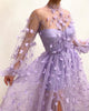 2023 Floral Long Sleeve Women Autumn Long Party Dress  Sexy Mesh Tulle Purple Maxi Dress Vestidos De Mujer