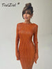 TiulZial Basic Orange Maxi Bodycon Dress Autumn Summer Long Sleeve Pleated Dress 2023 Plisse Casual Dresses Women