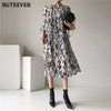 BGTEEVER 2023 Spring Stand Collar Women Full Sleeve Dress Elegant Hit Color Female Lace-up Printed Midi Dress Vestidos