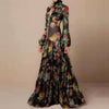 Women High Waist Maxi Party Dresses Casual Retro Sexy Halter Boho Elegant Evening Dress Ladies Long Sleeve Floral Printed Dress