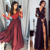 Elegant Ladies Women Sexy Long Sleeve High Waist Lace Slim Fit V Neck Party Formal Split Maxi Dress Black/Wine Red