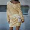 Spring Lady Sequin Mini Dress Elegant Off Shoulder Long Sleeve Party Dress Women Sexy Slash Neck Pullover Loose Dresses