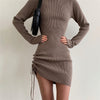 HAASKEW Autumn Drawstring Knitted Long Sleeve Asymmetric Mini Dresses For Women Turtleneck Bodycon Sexy Elegant Female Dresses