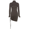 HAASKEW Autumn Drawstring Knitted Long Sleeve Asymmetric Mini Dresses For Women Turtleneck Bodycon Sexy Elegant Female Dresses