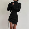 HAASKEW Autumn Drawstring Knitted Long Sleeve Asymmetric Mini Dresses For Women Turtleneck Bodycon Sexy Elegant Female Dresses