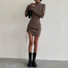 HAASKEW Autumn Drawstring Knitted Long Sleeve Asymmetric Mini Dresses For Women Turtleneck Bodycon Sexy Elegant Female Dresses