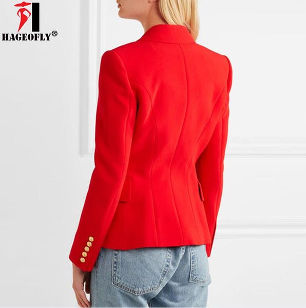 Autumn Winter Red Blazer Women Office Slim Formal Jacket Coat Casual Double Breasted Metal Buttons Blazer Workwear Tops