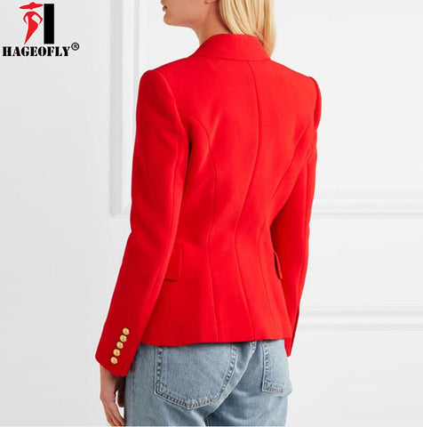 Autumn Winter Red Blazer Women Office Slim Formal Jacket Coat Casual Double Breasted Metal Buttons Blazer Workwear Tops