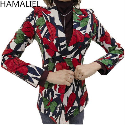 Fashion Korean Summer Women Blazer Coat 2022 Runway Printted Flower Double-Breasted Long Sleeve Office  Blazer Coat