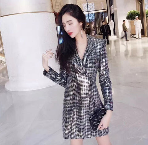 Spring Women Blazer Coat 2022 Runway Sequins Gilding Shining Long Sleeve Notched Collar Slim Luxury Jacket Long Coat