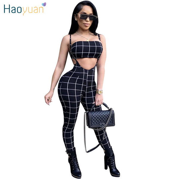 Black And White Plaid Sexy Jumpsuit Summer Overalls Two Piece Set Crop Top Spaghetti Strap Rompers Womens Jumpsuit