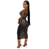 HAOYUAN Diamond Midi Birthday Dress for Women Nightclub Party Outfits White Black Sheer Mesh Patchwork Long Sleeve Bodycon Dress