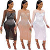 HAOYUAN Diamond Midi Birthday Dress for Women Nightclub Party Outfits White Black Sheer Mesh Patchwork Long Sleeve Bodycon Dress