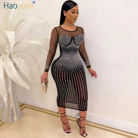 HAOYUAN Diamond Midi Birthday Dress for Women Nightclub Party Outfits White Black Sheer Mesh Patchwork Long Sleeve Bodycon Dress