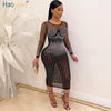 HAOYUAN Diamond Midi Birthday Dress for Women Nightclub Party Outfits White Black Sheer Mesh Patchwork Long Sleeve Bodycon Dress